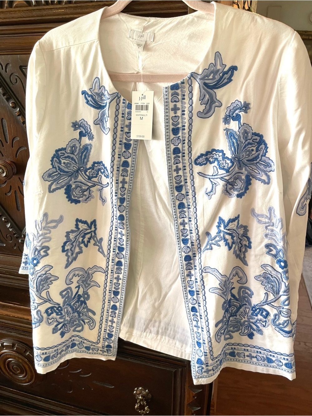 J. Jill White Open-Front Jacket with Blue Floral Embroidery